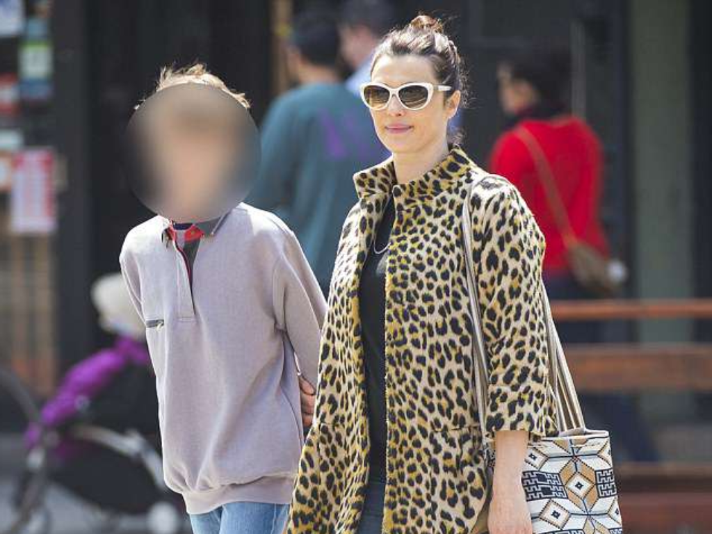 Rachel Weisz Wear Bump in Animal Print Coat With Son Henry 
